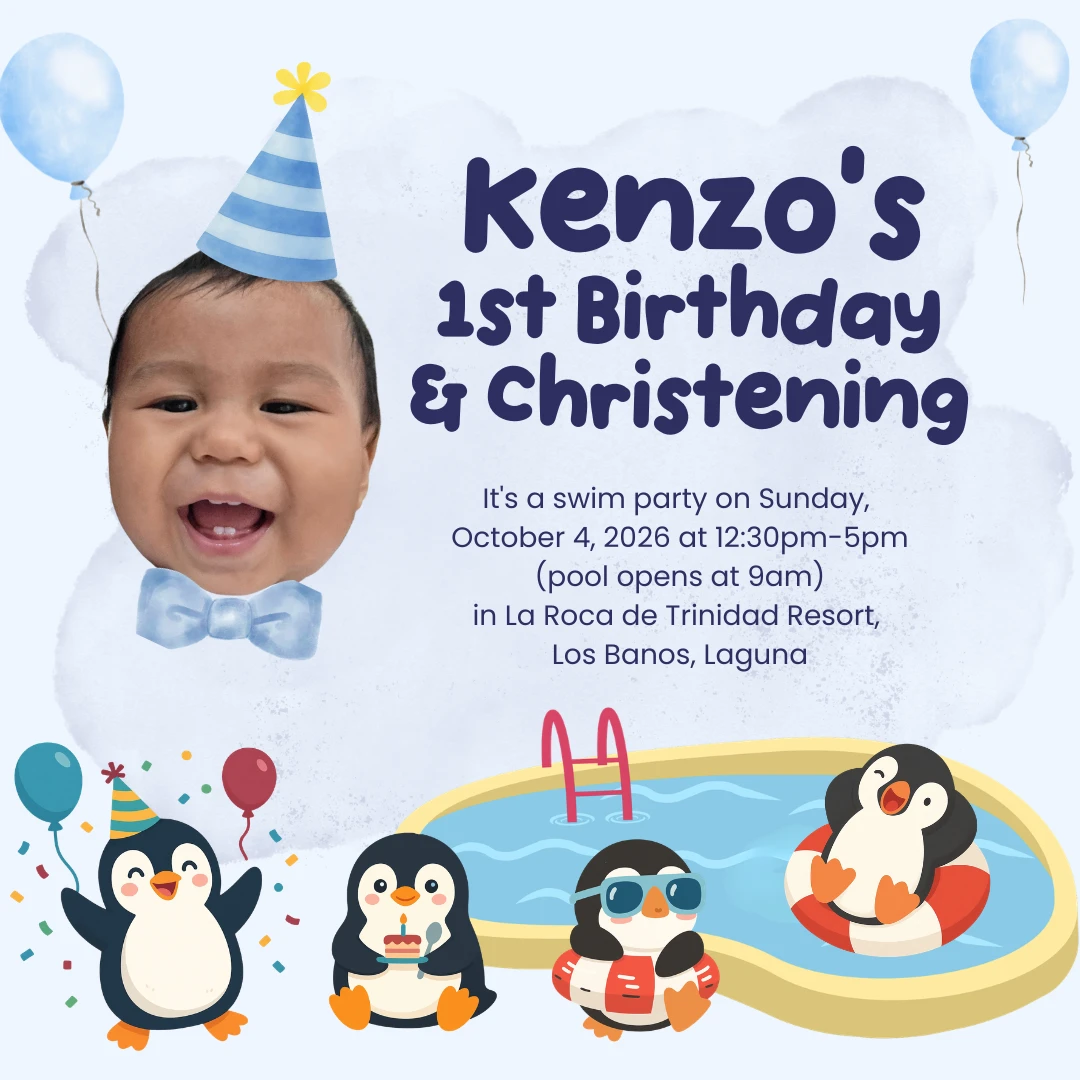 Invitation card: Kenzo's 1st Birthday and Christening, a swim party with penguins on Sunday, October 4, 2026, 12nn to 5pm, at La Roca de Trinidad Resort, Los Baños, Laguna.